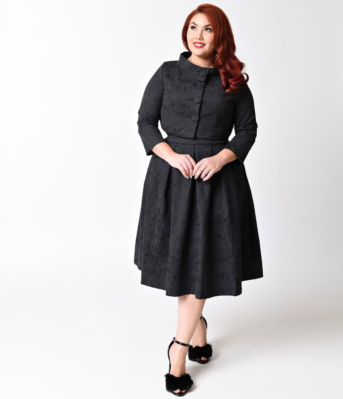 Lindy Bop Marianne Black Brocade Swing Dress with matching Bolero jacket | Size 14