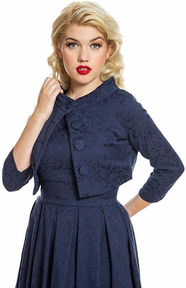 Lindy Bop Marianne Navy Brocade Swing Dress with matching Bolero jacket | Size 12