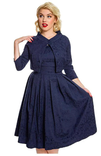 Lindy Bop Marianne Navy Brocade Swing Dress with matching Bolero jacket | Size 12