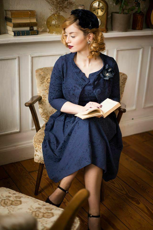 Lindy Bop Marianne Navy Brocade Swing Dress with matching Bolero jacket | Size 12