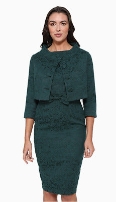 LINDY BOP Maybelle Dress & Jacket Set - Emerald Green Brocade | Size 14