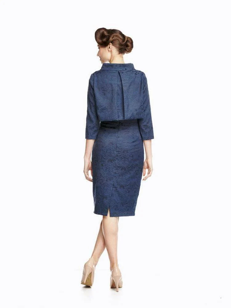 Lindy Bop Maybelle Dress & Jacket Set Two Piece- Navy Brocade Elegant Suit | Size 16