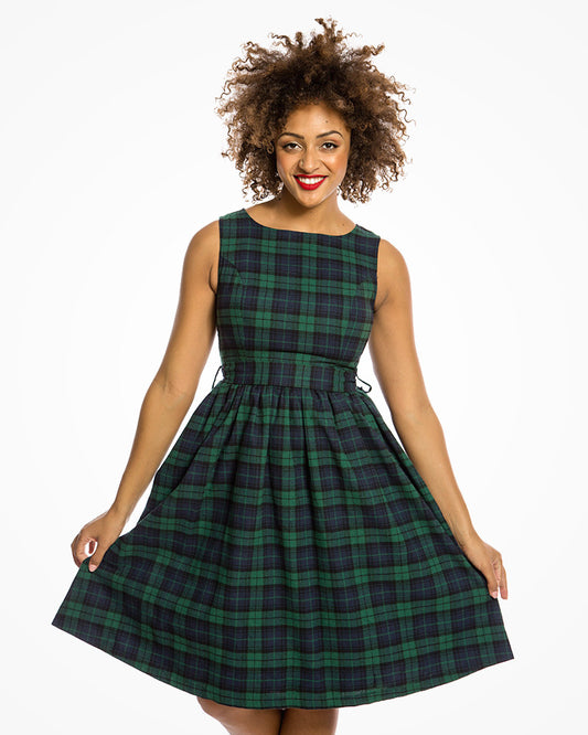 Lindy Bop Audrey Navy & Green Tartan Vintage Style Dress | Size 10